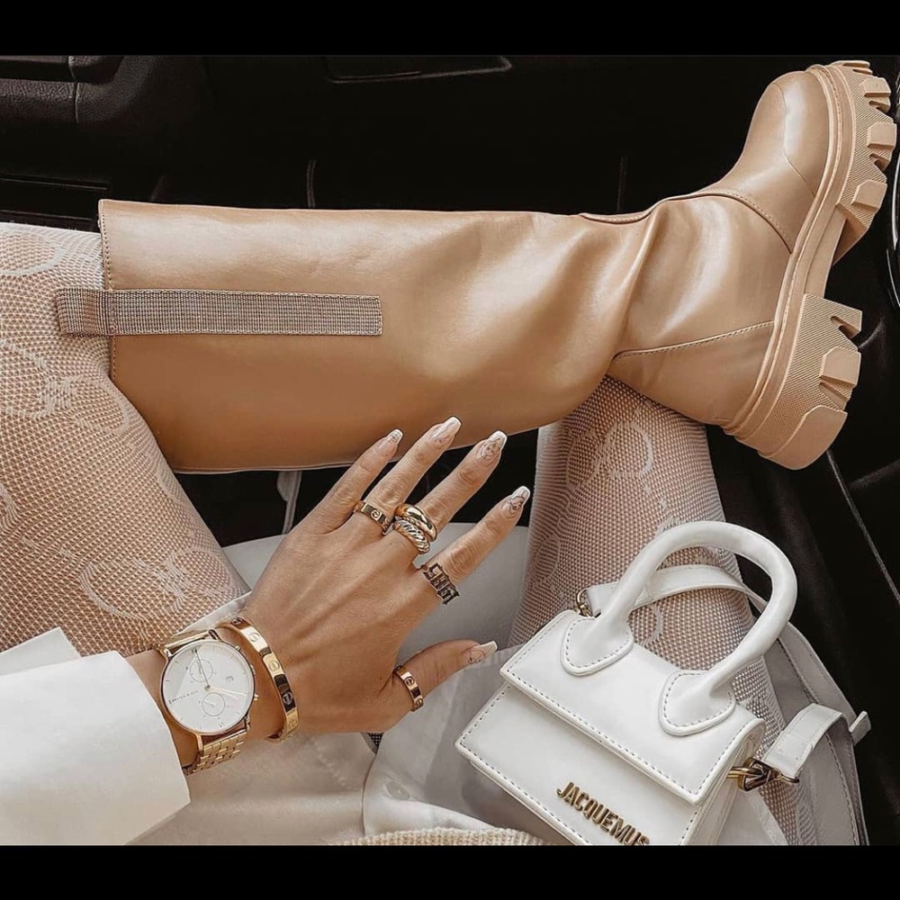 GENIUS TAN KNEE HIGH CHUNKY SOLE BOOTS
